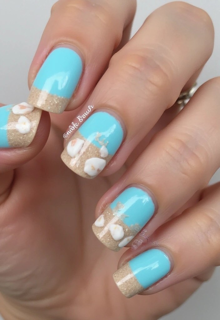 14 Eye-Catching Color Combinations for Angle Nails - 12. Ocean Blue and Sandy Beige