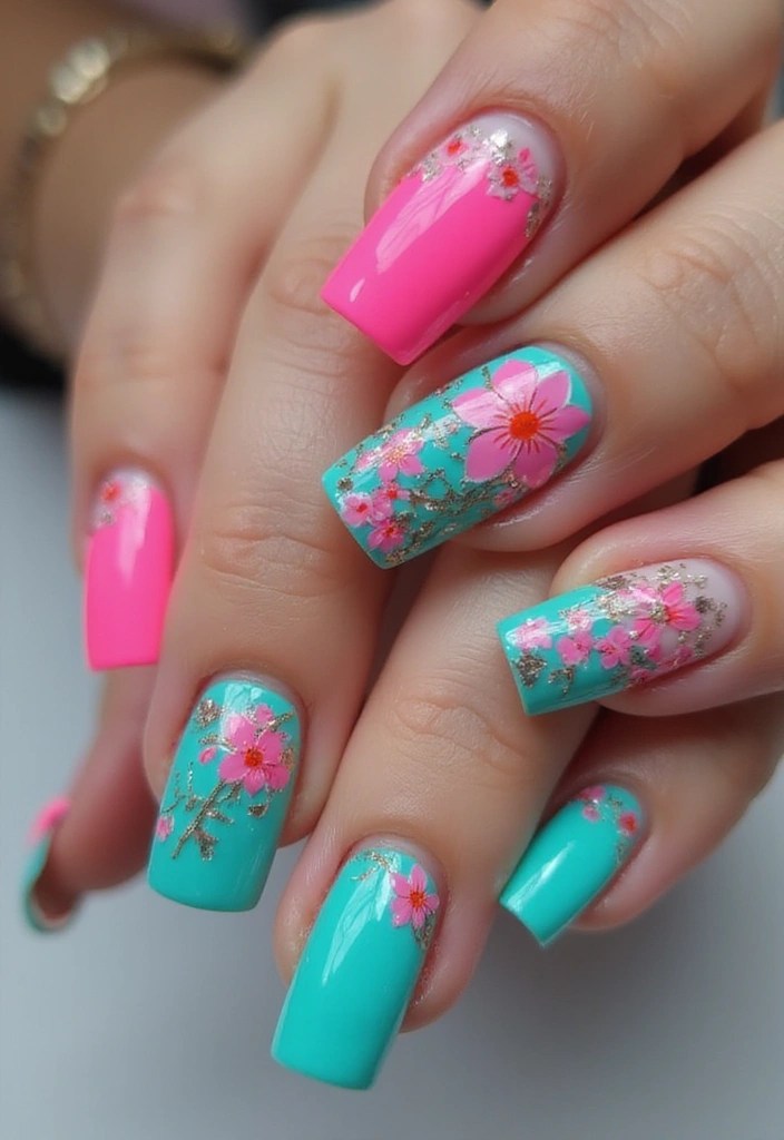 14 Eye-Catching Color Combinations for Angle Nails - 14. Bright Turquoise and Neon Pink