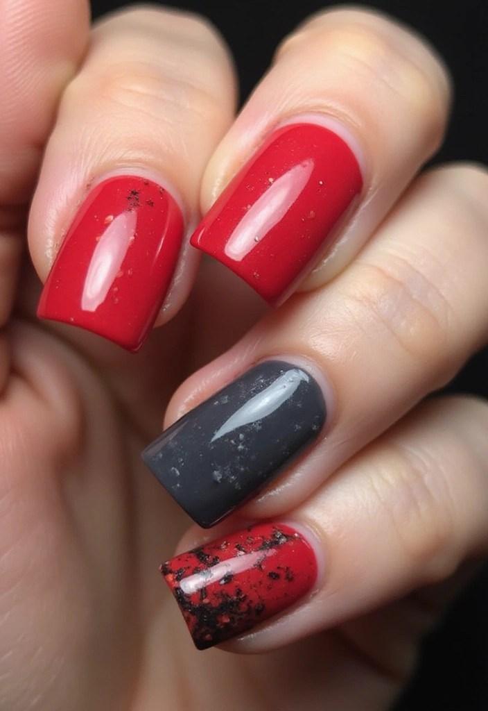 14 Eye-Catching Color Combinations for Angle Nails - 5. Bold Red and Charcoal Grey