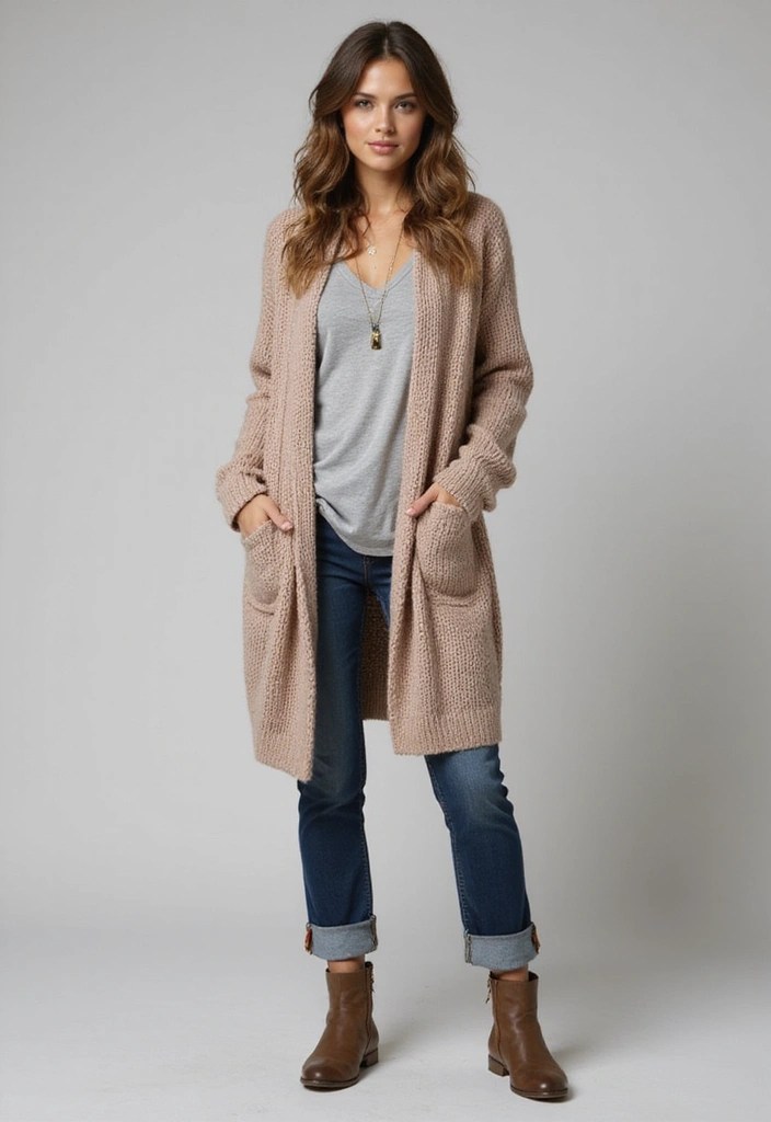 15 Affordable Women's Outfit Ideas Under $50 That Will Make You Look Like a Million Bucks! - 10. Cozy Oversized Cardigan and Simple Tee