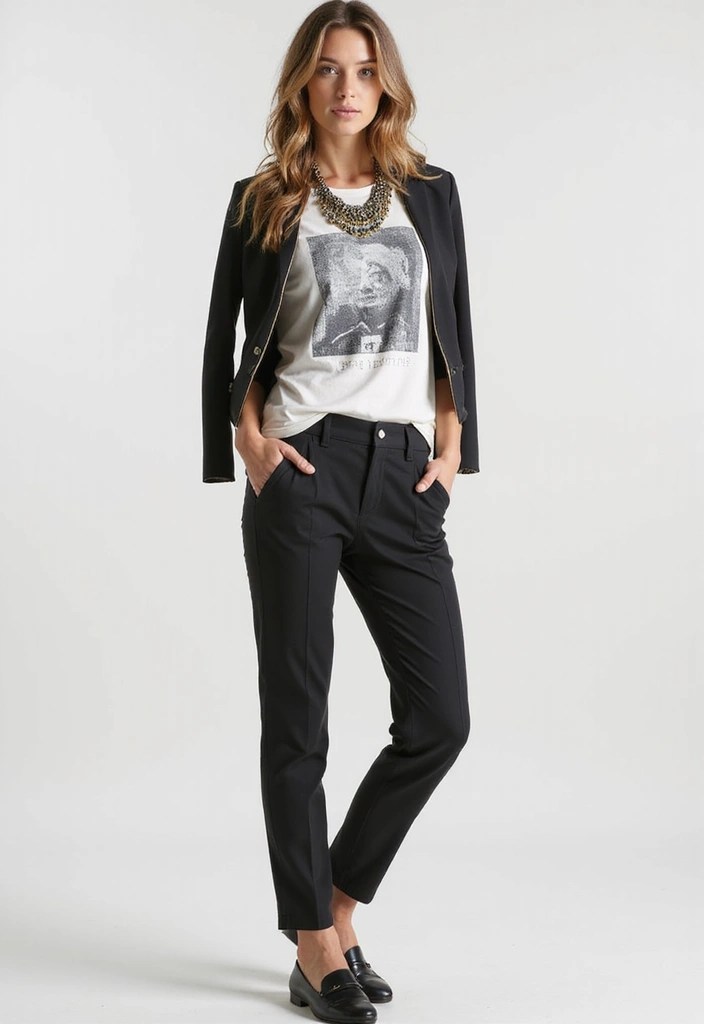 15 Affordable Women's Outfit Ideas Under $50 That Will Make You Look Like a Million Bucks! - 7. Graphic Tee and Tailored Trousers