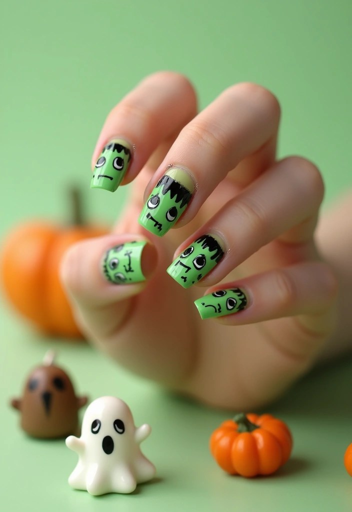 16 Creepy and Trendy Halloween Nail Art Ideas You Need to Try This Year! - 14. Frankenstein's Monster