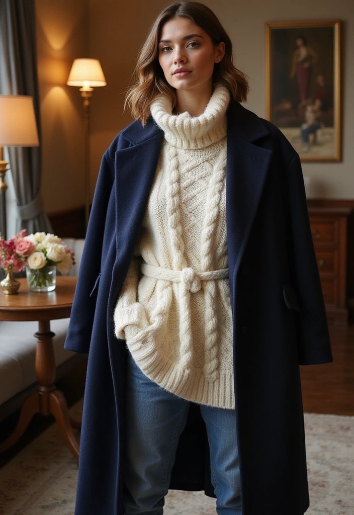 15 Layered Fall Outfit Ideas That Are So Cozy You’ll Never Want to Take Them Off! - 10. Wool Coat Over Chunky Knit