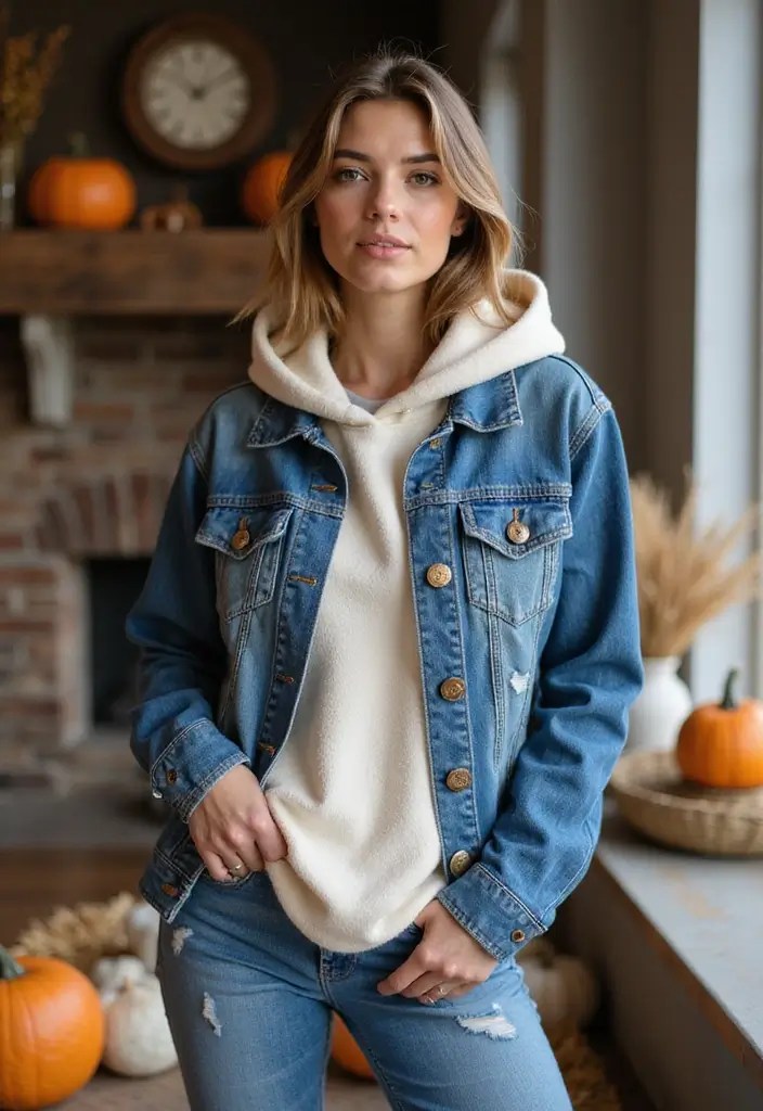 15 Layered Fall Outfit Ideas That Are So Cozy You’ll Never Want to Take Them Off! - 2. Denim Jacket Over a Hoodie
