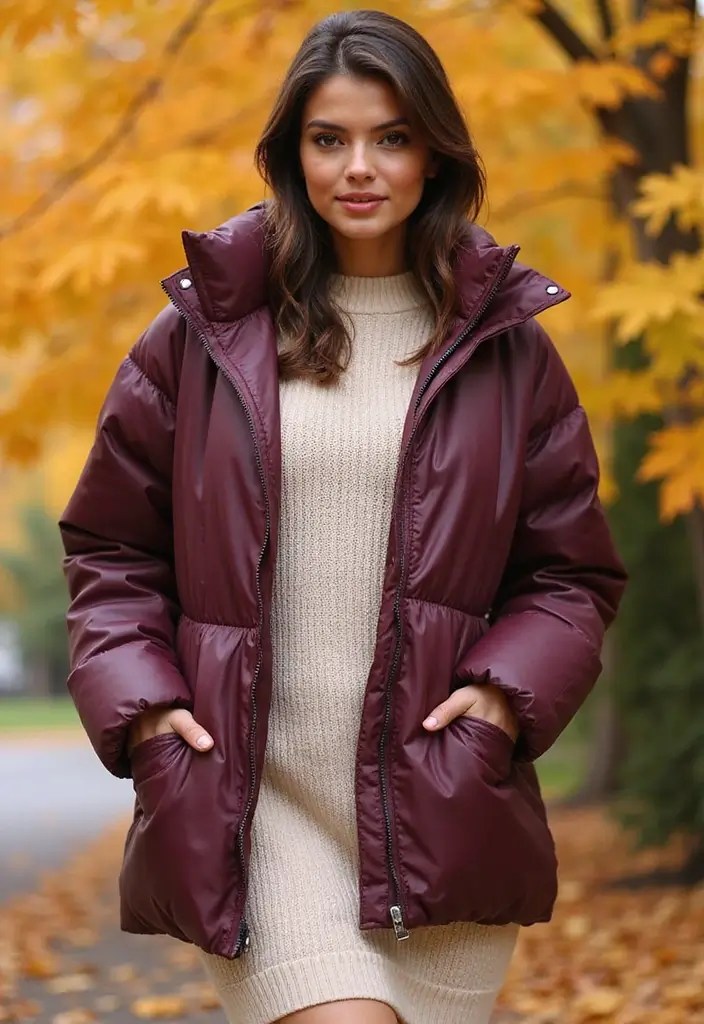 15 Layered Fall Outfit Ideas That Are So Cozy You’ll Never Want to Take Them Off! - 7. Puffer Jacket with Sweater Dress