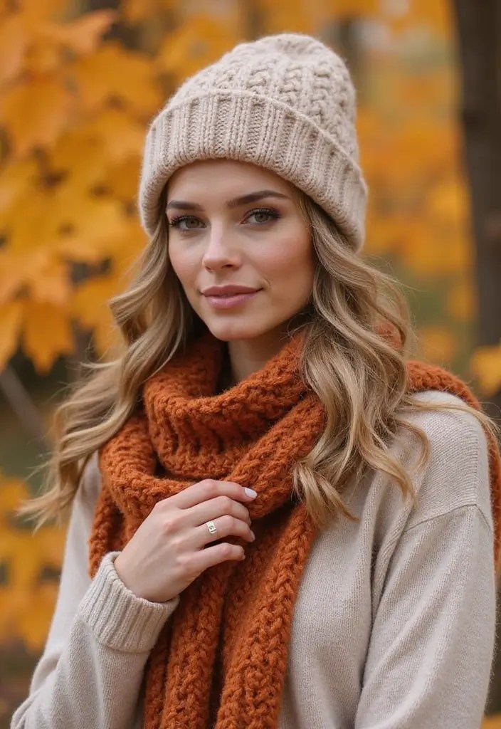 15 Layered Fall Outfit Ideas That Are So Cozy You’ll Never Want to Take Them Off! - 8. Knit Cap and Scarf Ensemble