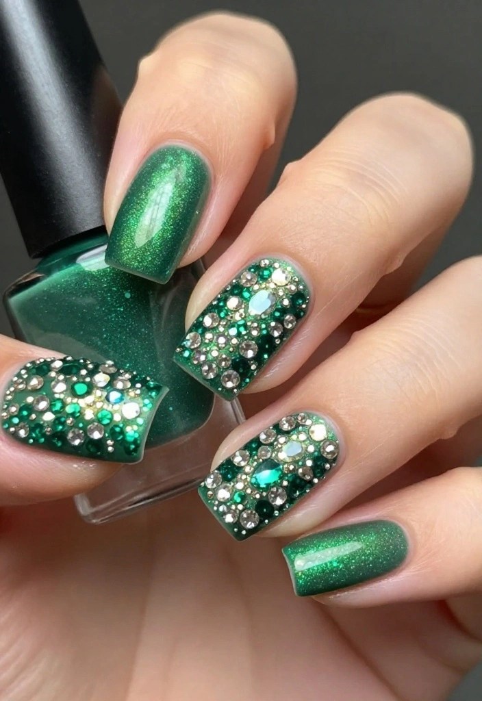 14 Must-Try St Patrick's Day Nail Designs for a Lucky Look This Year! - 14. Themed Nail Art with Rhinestones 1