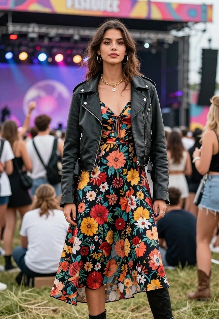 15 Fabulous Concert Outfit Ideas for a Festival-Ready Look! - 10. Edgy Leather Jacket Over a Floral Dress 1