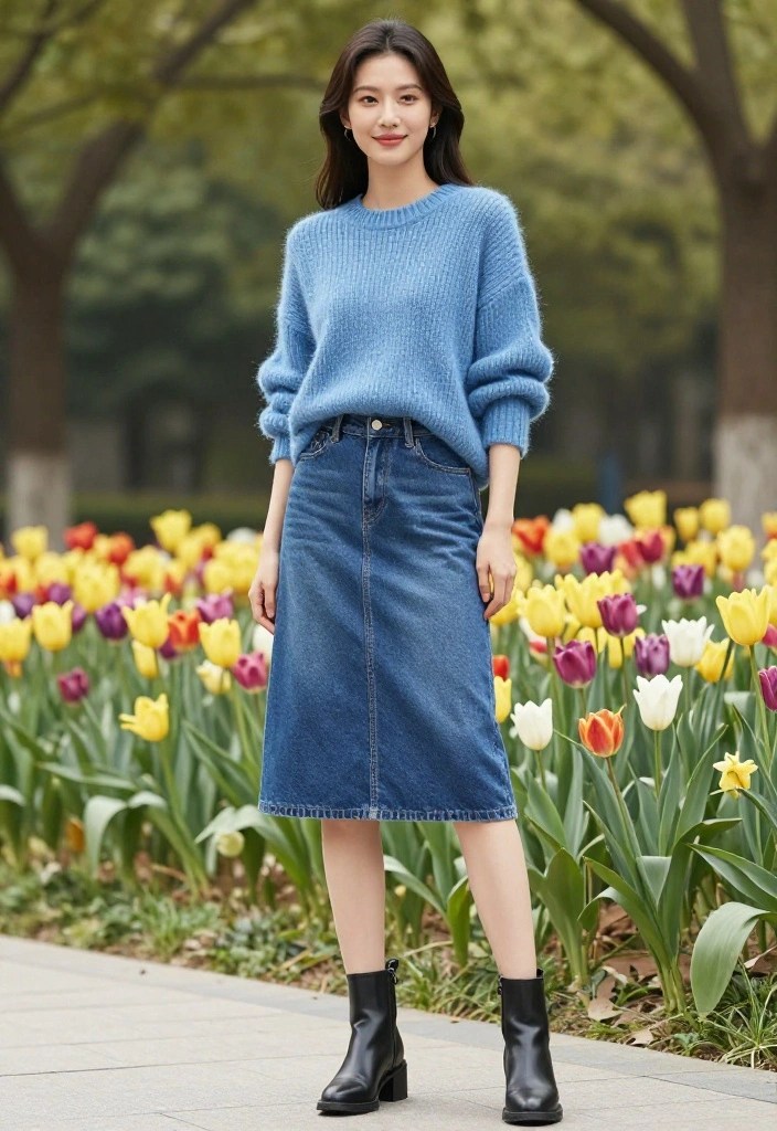 12 Cold Spring Outfit Ideas That Will Make You Ditch Your Winter Wardrobe! - 5. Denim Skirt with Lightweight Knit 1