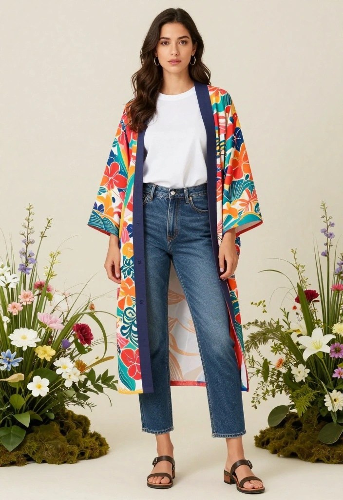 12 Cold Spring Outfit Ideas That Will Make You Ditch Your Winter Wardrobe! - 6. Printed Kimono with Jeans 1