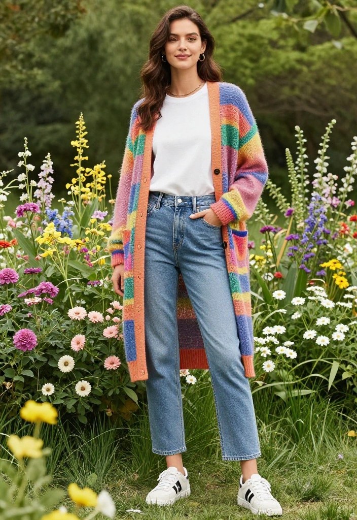 12 Cold Spring Outfit Ideas That Will Make You Ditch Your Winter Wardrobe! - 9. Colorful Cardigan with Basic Tee 1