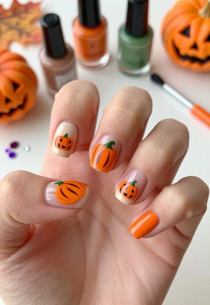 10 Simple Halloween Nail Art Ideas: Cute Ghost Nails, Spooky Designs & More - 3. Mini Pumpkin Patch Accent Nails 1