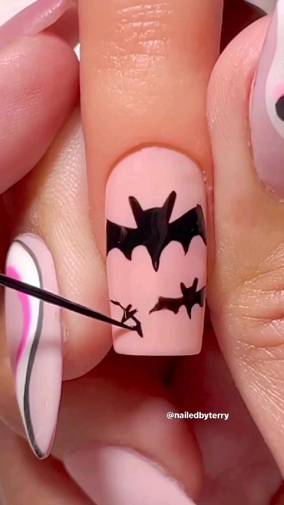 10 Simple Halloween Nail Art Ideas: Cute Ghost Nails, Spooky Designs & More - 7. Floating Bats Over a Smoky Gradient 1